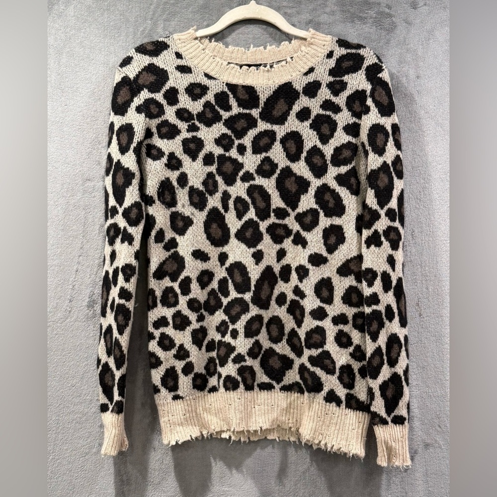 Aqua Cashmere Leopard Pullover Sweater Size S Distressed Animal Print Edgy Cozy